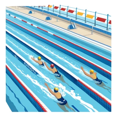 An icon featuring an Olympic swimming pool with multiple lanes and swimmers racing side by side. Splashes and lane dividers highlight the competition atmosphere. Transparent background emphasizes the energy, speed, and intensity of professional swimming events. sticker