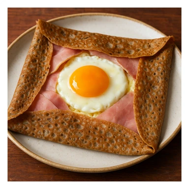 a French crepe with ham, cheese, and a sunny-side-up egg, savory galette style, photorealistic sticker
