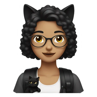 girl with black hair and braces with a black fluffy cat sticker