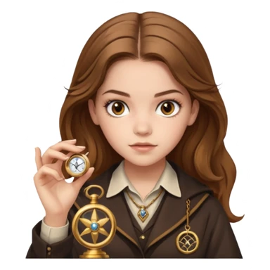 Barbara Palvin as Hermione Granger with brown eyes and holding a time turner sticker