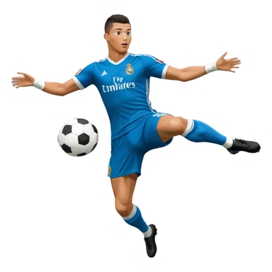 Ronaldo doing a bicycle kick with football in mid air While wearing a Retro blue Real madrid kit and yes i want it to be exactly the same as he Scored it in 2018 vs Juventus  sticker