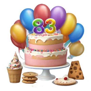 Put Happy 83rd Birthday!     In the background With cake,balloons, wine glasses,cookies, ice cream sticker