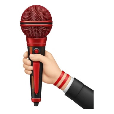 hand holding black stage microphone with red strip on bottom sticker