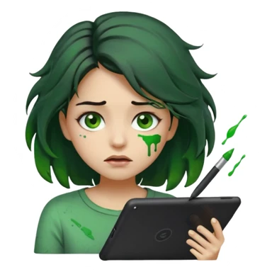 emoji holding and drawing on tablet using a stylus, looking down at screen in frustration, female, messy dark hair, green eyes, alternative/grunge style, screen slightly visible with splashes of color like a paint palette  sticker