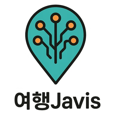 logo for '여행Javis' with a map pin merged with a stylized neural network or circuit pattern, simple and easy to recognize, suitable for favicon sticker