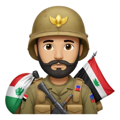 A tired and sad, swarthy Iraqi soldier with a beard, an Iraqi flag on his helmet, a sad expression and bags under his eyes sticker