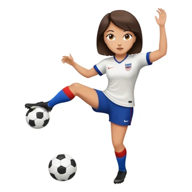 Pretty, slightly curvy white woman with short dark brown hair wearing a USMNT jersey and kicking a soccer ball sticker