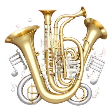 Create a festive and elegant emoji collage featuring a bouquet or fan of bells of wind instrument  (trumpets, saxophones, trombones, tubes, etc.) arranged in a radiant, symmetrical pattern. The instruments should have polished, golden and silver finishes, with their large, shiny bells forming a beautiful, fan-like display. Include a flowing ribbon of musical notes swirling through the center, conveying movement and melody. The background should feature a deep red velvet texture, adding a touch of luxury and sophistication. The overall composition should be balanced, with an elegant and regal feel, with a transparent background to keep focus on the instruments and musical elements. sticker