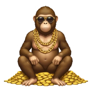 ape with big golden chain on the neck wearing sunglasses sitting on the big pile of gold coins  full height. sticker