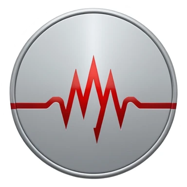 Minimalist medical technology logo. White background. A clean circular shield shape in light gray. Inside the shield — a sharp red signal line forming abstract letters “AI”, resembling a medical alert waveform but not a classic ECG.  sticker