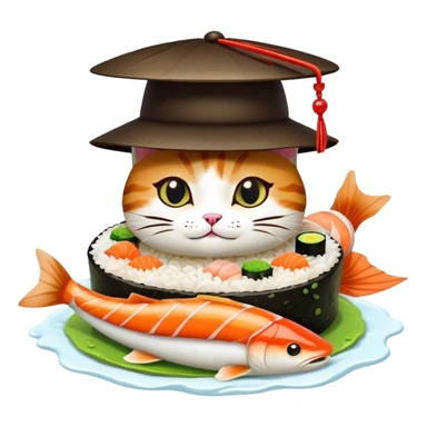 cat wearing a sushi hat with rice base, multiple fish pieces on top, wasabi accent, and lots of soy sauce heavily dripping down the sides, abundant sauce flowing from sushi hat sticker