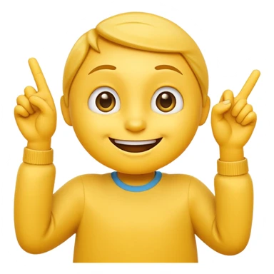 A 2D cartoon-style yellow emoji with a mischievous smile, shaped eyes, and both hands pointing upward with index fingers.  clean digital style, and a fun, dancing expression. Style similar to children’s drawing tutorials, dancing expression. No background, isolated on white.  sticker