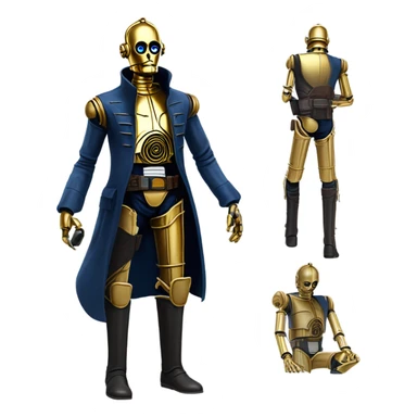 bounty hunter tarnished undercover tough well-equipped Jedi  life-sized darkblue-pearl C3po leather vest clothing pants and vest old west duster coat holding light saber sheriff sticker