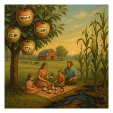 serene farm with apple trees bearing antidepressant-labeled fruit, corn stalks growing syringe cobs, soil leaking oil, a family picnics not noticing their food transforming into pharmaceutical bottles, tranquil yet disturbing atmosphere sticker