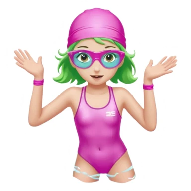 pretty girl with green eyes pink swim cap holographic swimming glasses and cute profesional swimmer pink swimsuit jumping in water sticker