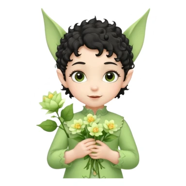 Tiny elf baby black curly hair with pointy ears\, pastel green outfit, hold flowers sticker