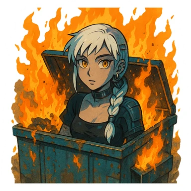 she is poking out from a garbage dumpster, fire, garbage fire, everything is on fire, a closeup portrait of young woman with gold yellow eyes, white hair, long braid, black off-shoulder top d-cup, punk gothic style, futuristic cyberwave cyberpunk, sticker