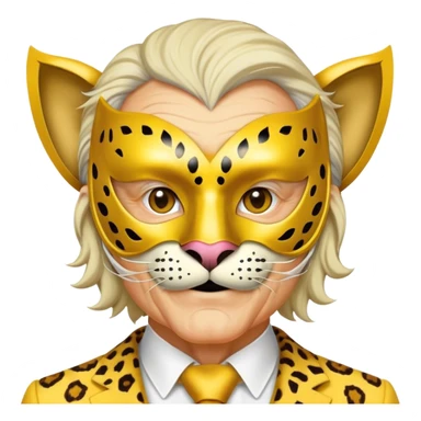 a fat old man, with a yellow suit,  wear half-face golden Leopard masquerade mask sticker