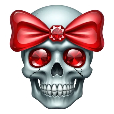 make me a red crystal skull partly see thew super gem like make it realistic and held together by a big black bow super realistic skull cracking all over the eyes are black gems with a hint of gold in the center sticker