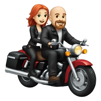 Bald headed white man with goatee and white girl with red hair riding on a black motorcycle  sticker