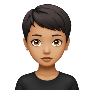 A girl with black short pixie haircut cut, dark brown eyes that almost look like black, caramel tone skin colour. Wearing a black t-shirt.  sticker