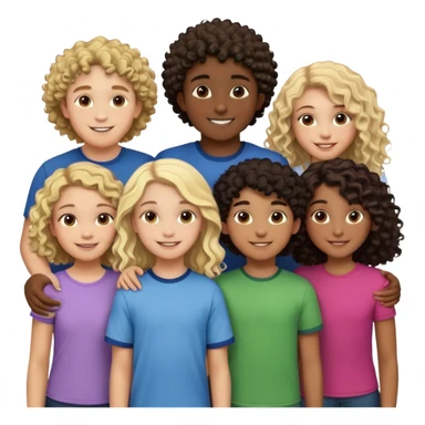 Group of diverse friends standing together, including a dark-skinned boy, a light-skinned blonde boy, a light-skinned girl with dark hair, a mixed-race girl with brown hair, a light-skinned person with curly hair, a mixed-race person with dark curly hair, and in the center a mixed-race person with wavy hair sticker