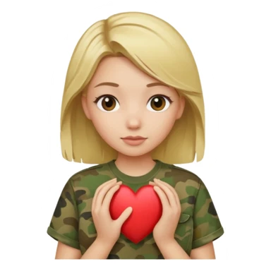 Blonde girl with olive shirt holding camo heart sticker
