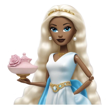 Malibu teen blond Morticia Addams’s in as Princess Leia Barbie in ruffled pearl-white and blue informal ball gown with gold accents and accessories  sticker
