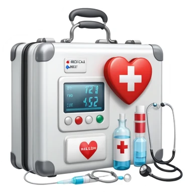 An icon featuring a medical suitcase with a red cross, a bottle of pills, a stethoscope, and a syringe, symbolizing medicine. The design includes a thermometer, bandages, and a heart monitor, representing healthcare and medical treatment. Transparent background highlights the science of healing. sticker