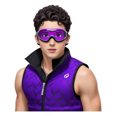 close-up of bad guy male athlete with white skin and moderately curly dark brown hair on top with shaved sides, wearing ski goggles with purple frames and very dark black lenses, a simple plain black chain necklace, and a completely unzipped sleeveless vest with purple and black sequin fire pattern design with no logo, with an extremely arrogant expression sticking his tongue out mockingly, looking menacing and villainous sticker