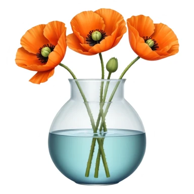 three big realistic orange poppy flowers in a clear vase with clear water sticker