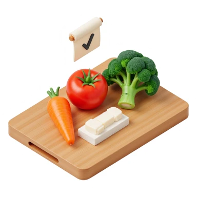 carrot tomato brocoli on the wooden cutting board with floating rolled paper list with checkbox sticker