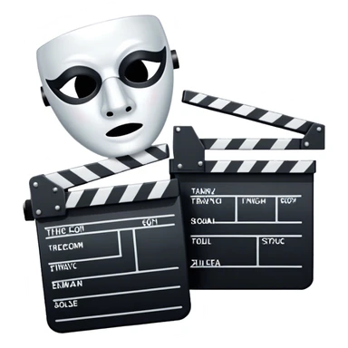 Icon for Acting in Theater and Movie: a stage with a spotlight and cinema, a film camera, a clapperboard and a dramatic mask. The design should represent both theatrical performance and cinematic art. Transparent background. sticker