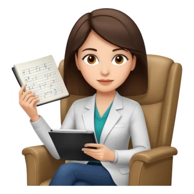 female therapist, brunette, brown eyes, light skin, sitting in a chair with notes sticker