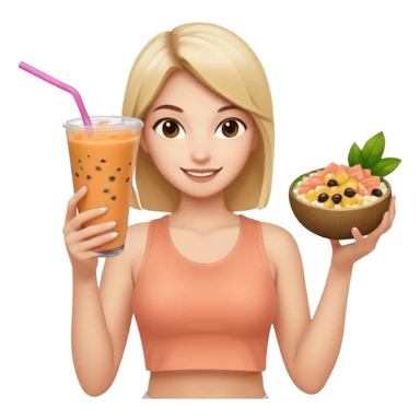 a young woman in a beige top and leggings and white sneakers with a passion fruit smoothie in one hand and a salmon poke bowl in the other hand sticker