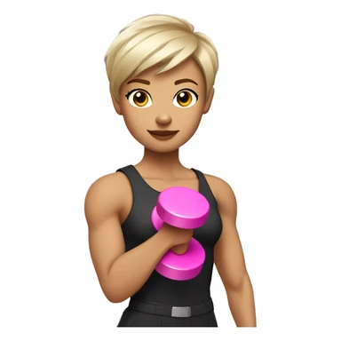 Short light brown pixie haircut Female White bicep side view holding a pink dumbbell sticker