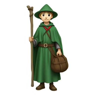 Young European pilgrim of the 13th century with staff, red stockings, green robe and hat and leather bag sticker