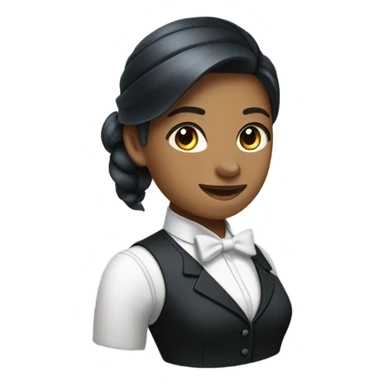 a female butler with a professional and elegant demeanor. She has her hair neatly tied in a ponytail and wears a classic butler uniform, including a tailored vest, crisp white shirt, and bow tie. sticker