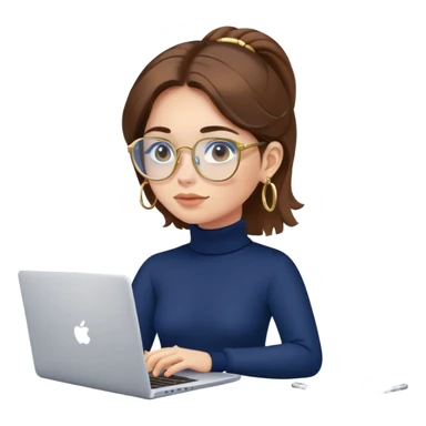 Girl with brown hair, navy blue turtleneck, gold hoop earrings, blue light glasses, working on laptop sticker
