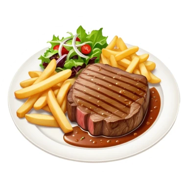 big juicy australian steak meal featuring chips, small salad in a ramiken and gravy  sticker