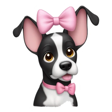 Hi please generate a black dog with big ears that are up and white around her nose and white eyebrows brown eyes and a cute pink bow sticker