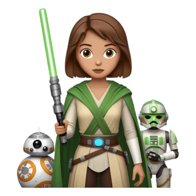 Ios 18 starwars theme ( jedi, robots etc..) brown hair lady with lightaber green or red sticker