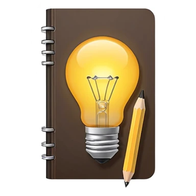 Emoji of a notebook with a pencil and a glowing lightbulb on the cover, iPhone emoji style. Flat design, smooth gradients, rounded edges, soft shadows, clean look, white background. sticker