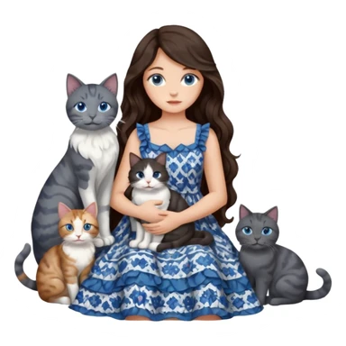detailed realistic looking a dark grey and white cat regally sitting with six other cats, cuddling with their owner who is a pretty bratz lightly tanned white girl with long dark brown hair, blue eyes and gorgeous long wavy hair wearing a pretty detailed dress sticker