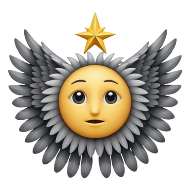 A round emoji with a single central eye, completely covered in six layers of gray feathered wings forming a star-like shape, mystical and divine expression, iOS emoji style sticker