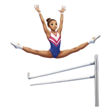 Professional gymnast performing a complex routine on parallel bars, demonstrating strength, control, and perfect balance. The gymnast is mid-air, executing a powerful move with focused concentration. The background shows a brightly lit gymnasium with a cheering audience. sticker