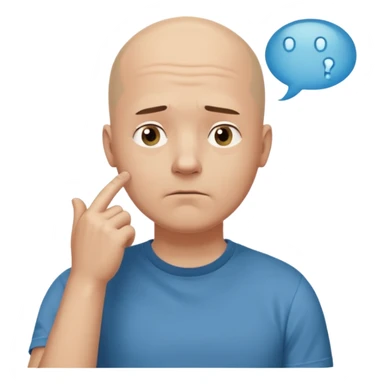 bald man with t-shirt, doubting face but not sad, hand on chin looking up, thought bubble sticker