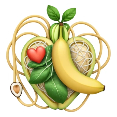 Banana, avocado, potato, spinach, coconut, white beans, and melon surrounding a glowing heart and nervous system network. Gentle electrical waves flow from the foods to the organs and muscles, illustrating how potassium maintains fluid balance and electrical stability throughout the body. sticker