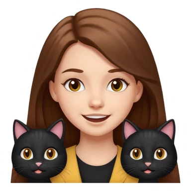 white girl with long brown hair, happy and cute, with two black cats, emoji style sticker