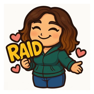 Sticker style chibi emote, matching the attached green heart emote as a base, but with a slightly skinnier body and a bigger chest. Woman from reference, teal hoodie and blue jeans, holding a large, bubbly 'RAID' sign with hearts, cute excited face, no headband, no wand, no green heart, transparent background. Top color should not match jeans. sticker